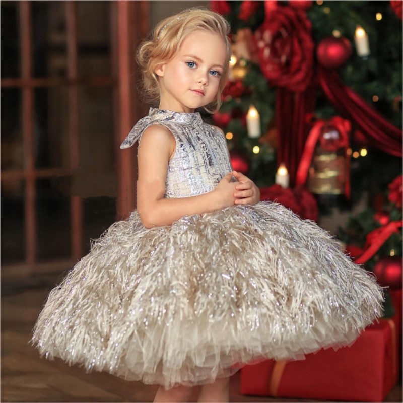 Princess Bling Feather Bow Sliver Dress