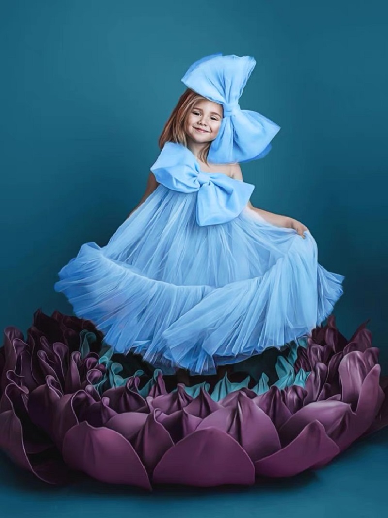 blue big bow tulle girl dress