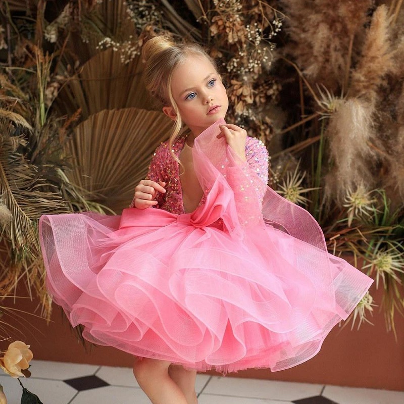 Deep V-neck Sequins Tutu pink Dress (Supports One Piece Customization)