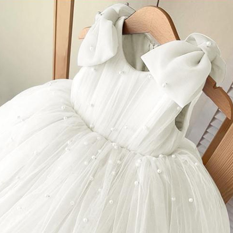 Princess Pearl Bow Sleeveless white Dress