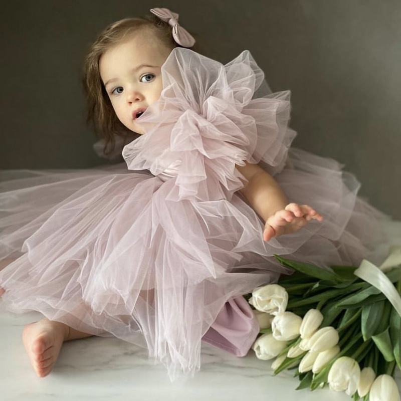 Tutu Tulle Fluffy Sleeve pink Dress 