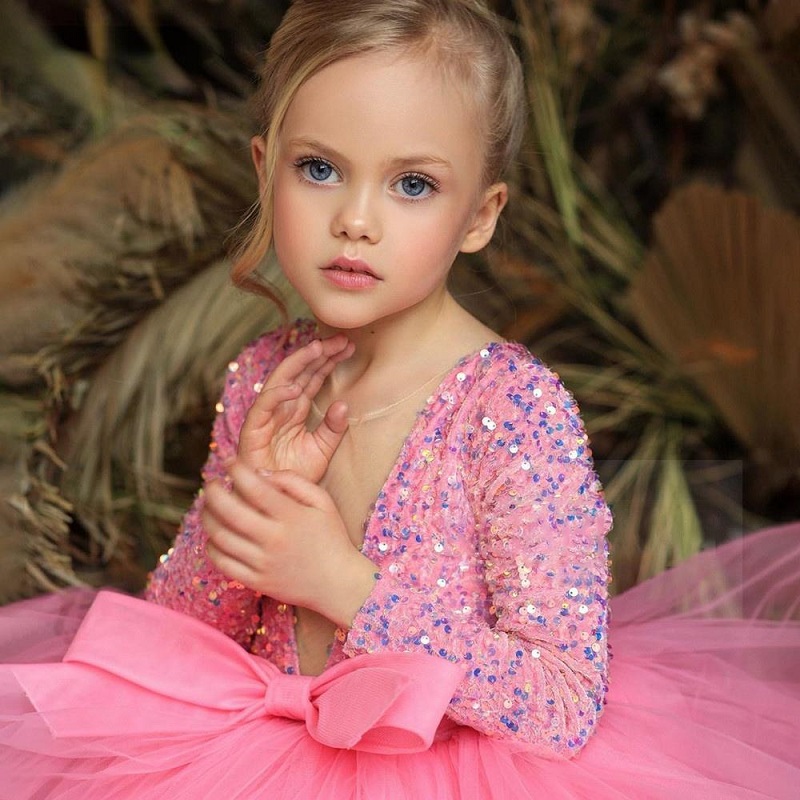 Deep V-neck Sequins Tutu pink Dress (Supports One Piece Customization)