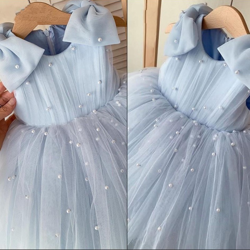 Princess Pearl Bow Sleeveless blue Dress