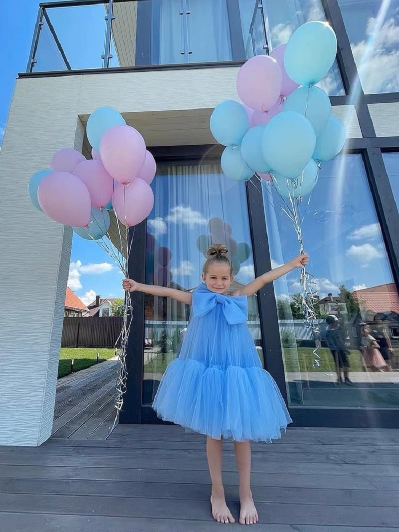 blue big bow tulle girl dress