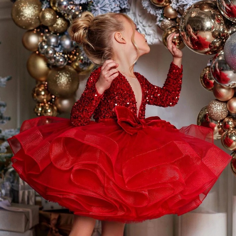 Deep V-neck Sequins Tutu red Dress (Supports One Piece Customization)