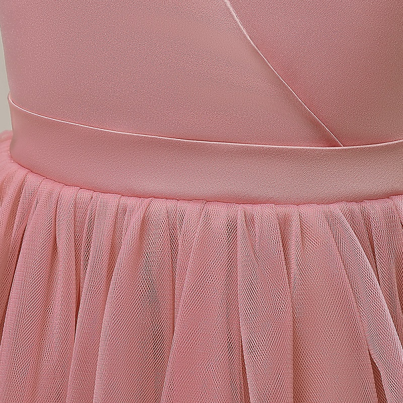 V-neck Floor-Length Tulle Sleeveless solid pinkDress