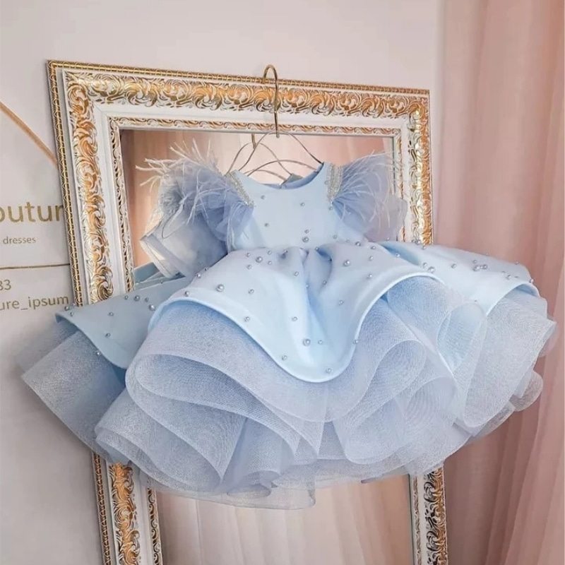 Feather Sleeve Pearl Tutu Dress