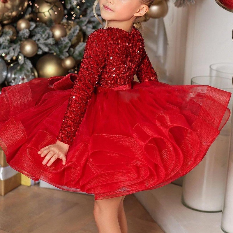 Deep V-neck Sequins Tutu red Dress (Supports One Piece Customization)