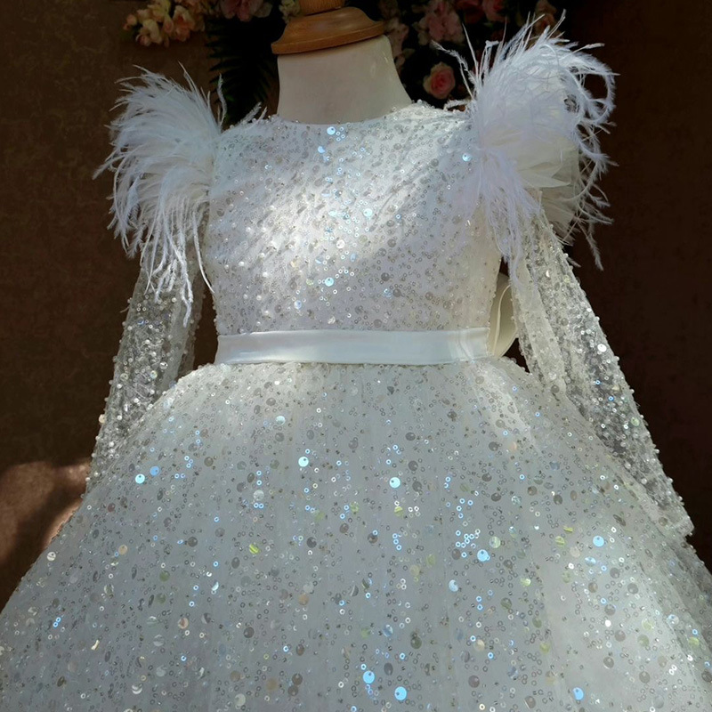 Feather Sleeve Sequins White Dress