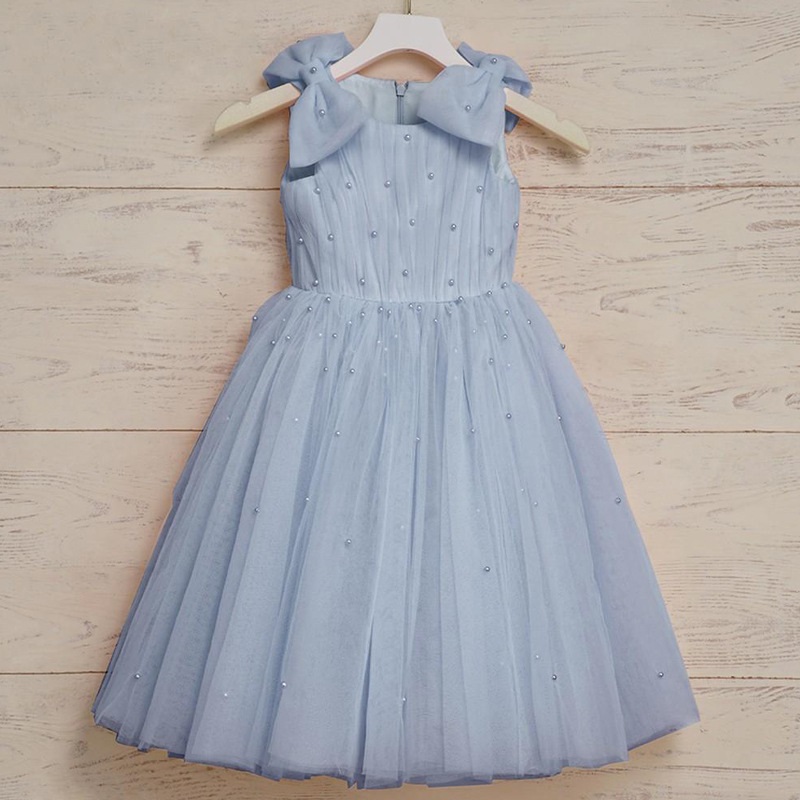 Princess Pearl Bow Sleeveless blue Dress