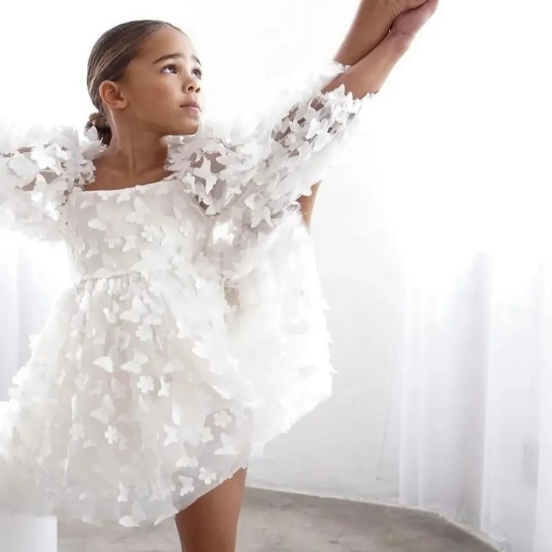 White Butterfly Tutu Puff Sleeve Dress