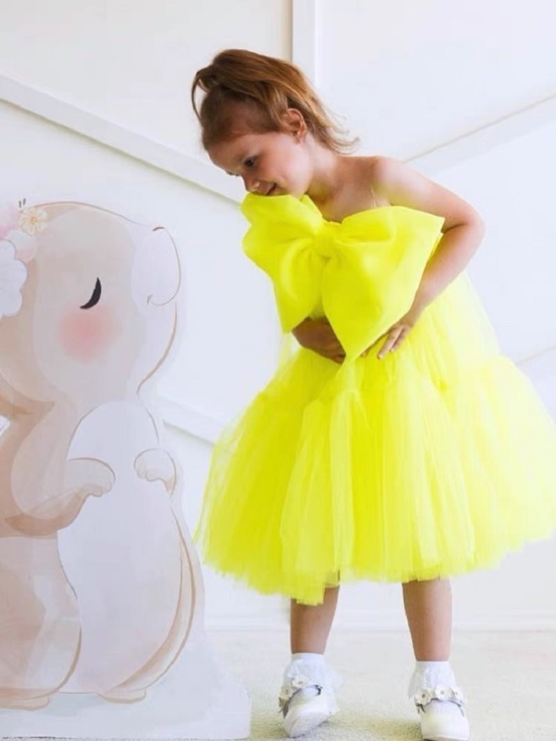 yellow big bow tulle girl dress