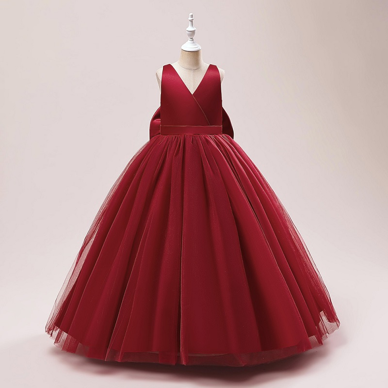 V-neck Floor-Length Tulle Sleeveless solid red Dress