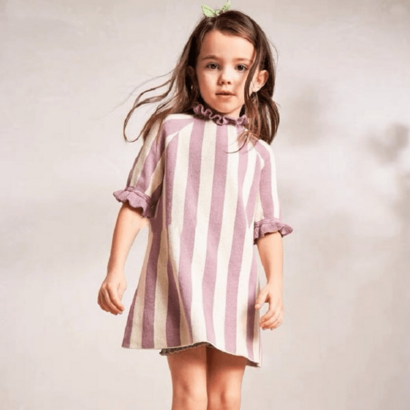 100% Cotton Sweater Striped Girl Purple Dress