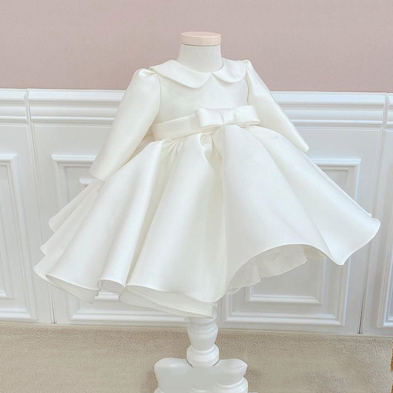 Silk Bow Long Sleeve white Dress