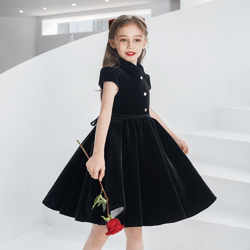 Shirt Collar Velvet Knee-Length Dress