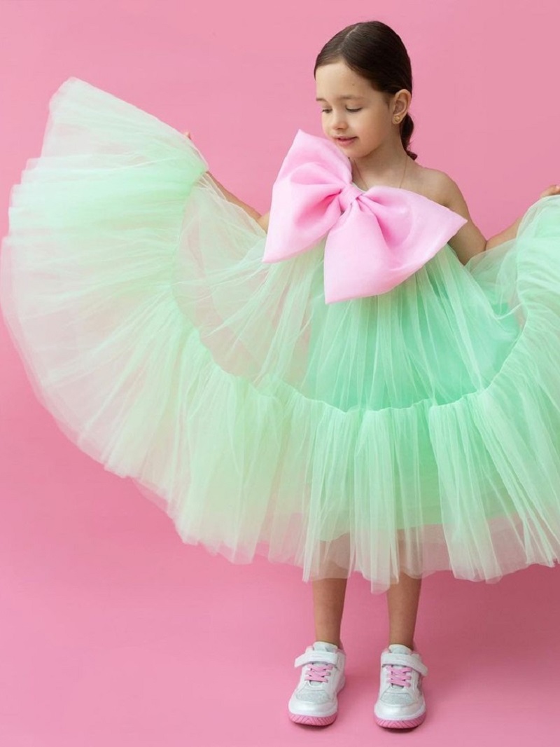 green big bow tulle girl dress