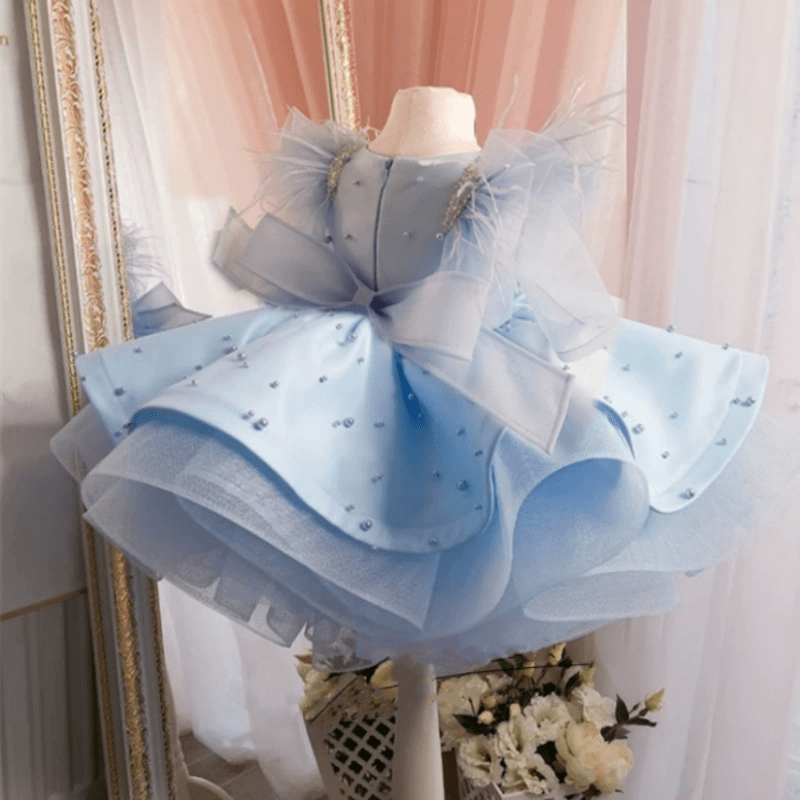 Feather Sleeve Pearl Tutu Dress