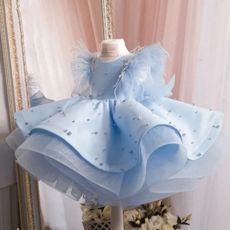 Feather Sleeve Pearl Tutu Dress