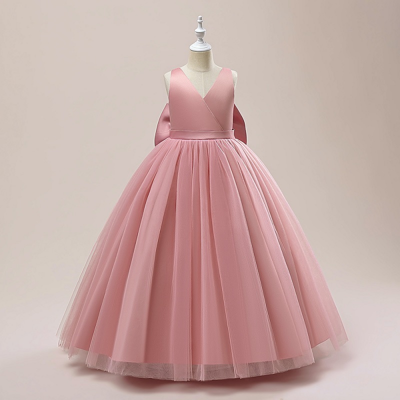 V-neck Floor-Length Tulle Sleeveless solid pinkDress