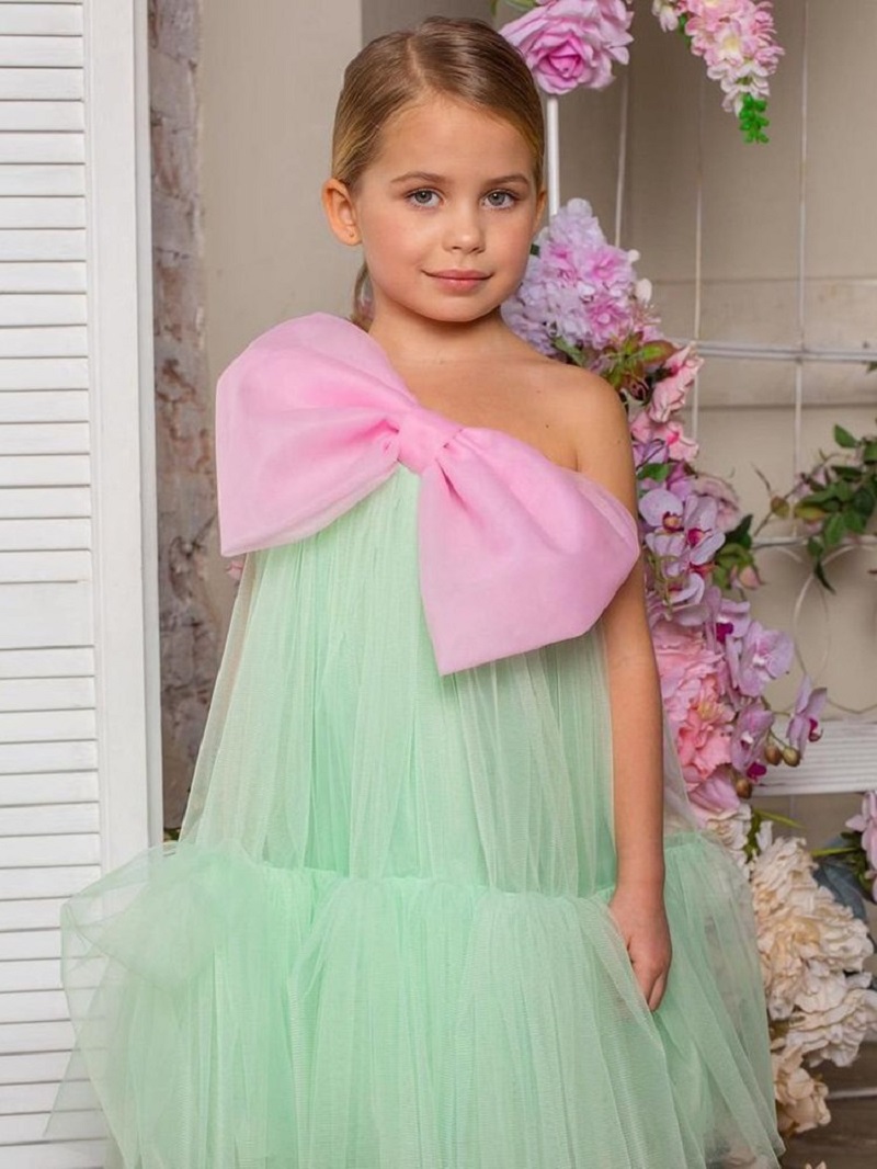 green big bow tulle girl dress