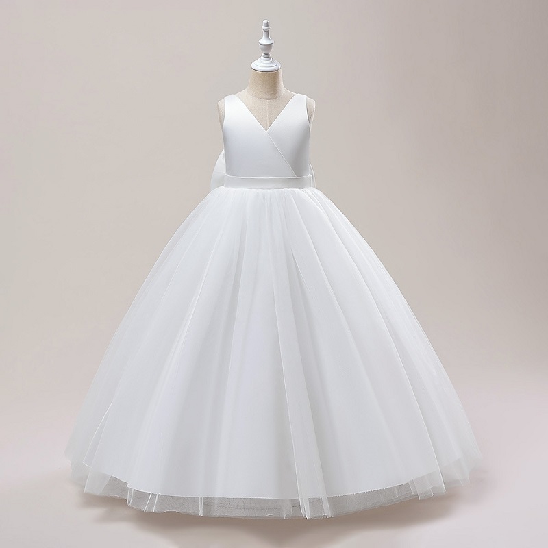 V-neck Floor-Length Tulle Sleeveless solid white Dress