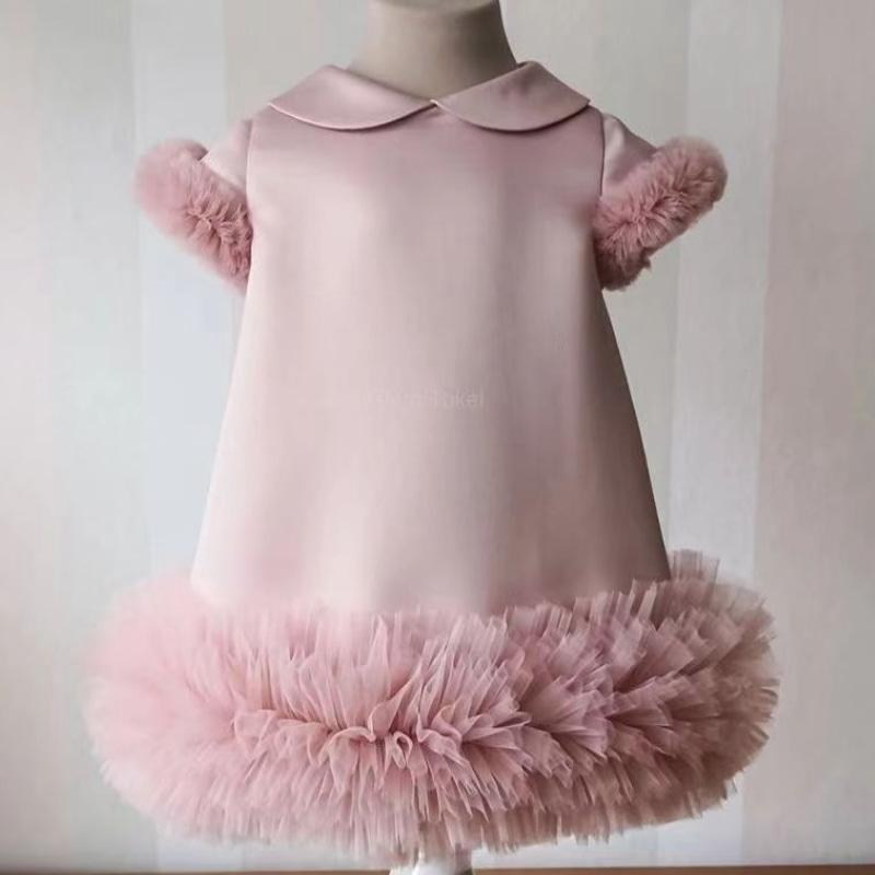 pink Silk Tulle Short Sleeve Dress