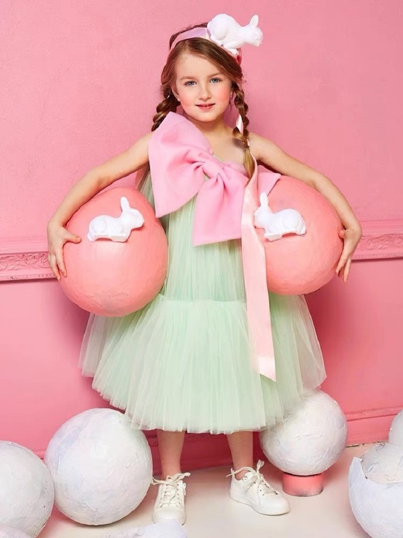 green big bow tulle girl dress