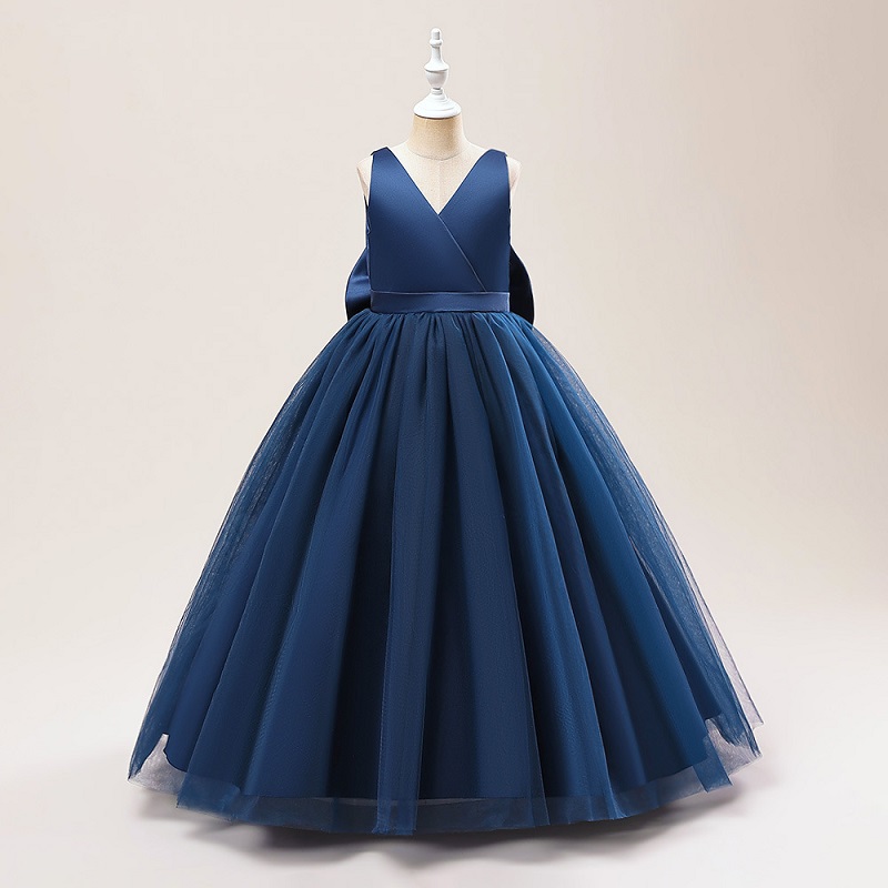 V-neck Floor-Length Tulle Sleeveless solid blue Dress