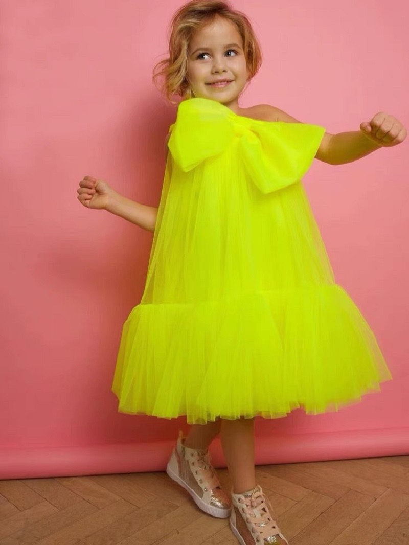 yellow big bow tulle girl dress