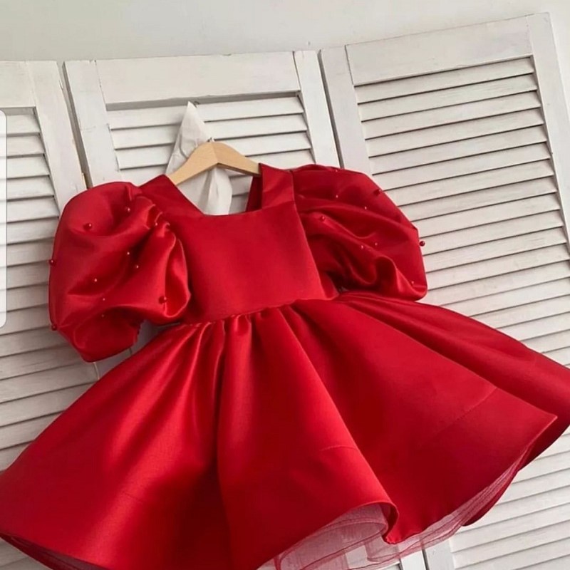 Pearl Puff Sleeve Princess red Dress